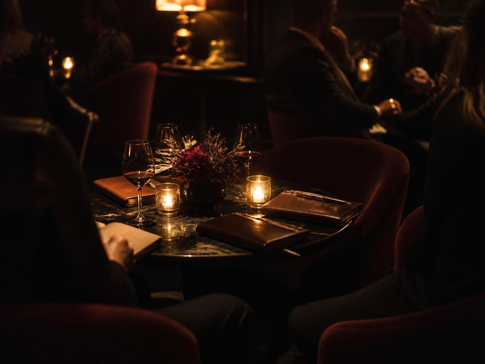An intimate candlelit salon table set for conversation